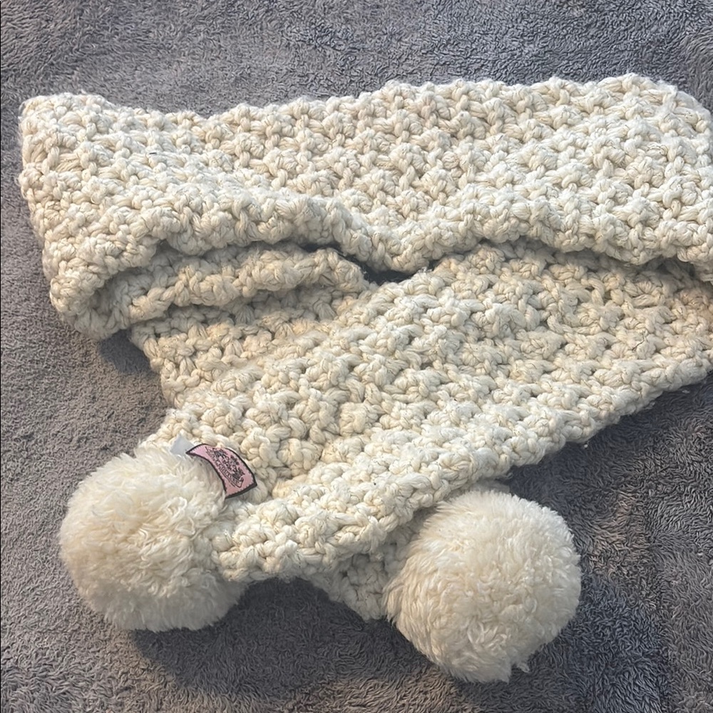Cozy Cream Juicy Couture Knit Scarf with Pom Poms Y2K